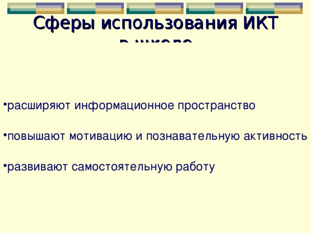 Сферы использования ИКТ в школе расширяют информационное пространство повышают мотивацию и познавательную активность развивают самостоятельную работу Учебное пространство Внешкольная деятельность учащихся Внеклассная  работа