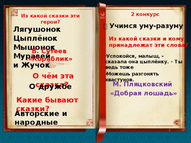 2 конкурс Из какой сказки эти герои? Лягушонок Цыплёнок Мышонок Муравей и Жучок    Учимся уму-разуму Из какой сказки и кому принадлежат эти слова? В. Сутеев «Кораблик» Успокойся, малыш, - сказала она цыплёнку. – Ты ведь тоже Можешь разгонять хвастунов. О чём эта сказка? М. Пляцковский «Добрая лошадь» О дружбе Какие бывают сказки? Авторские и народные