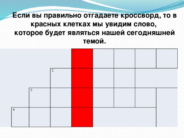 Если вы правильно отгадаете кроссворд, то в красных клетках мы увидим слово, которое будет являться нашей сегодняшней темой.       1 2 3 4