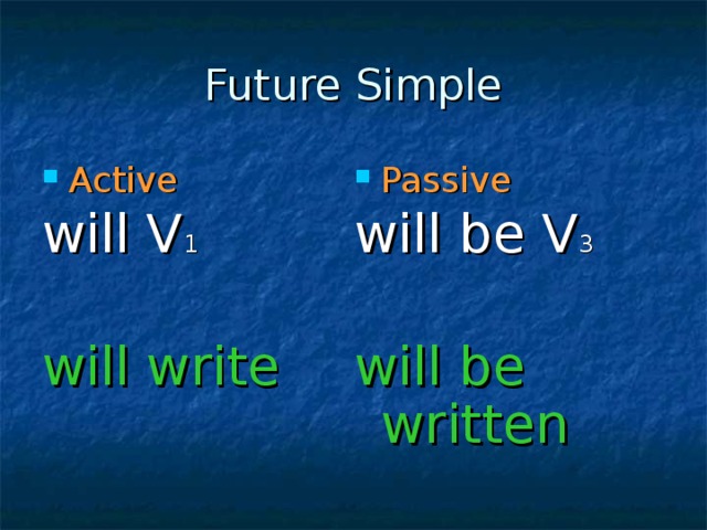 Future Simple Active Passive will V 1 will write will be V 3 will be written
