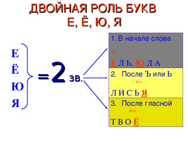 ДВОЙНАЯ РОЛЬ БУКВ  Е, Ё, Ю, Я Е Ё Ю Я В начале слова После Ъ или Ь [ Й ` Э ]  [ Й ` У ] Е Л Ь, Ю Л А  [ Й ` А ] После гласной  [ Й ` О ] Л И С Ь Я Т В О Ё = 2 ЗВ.