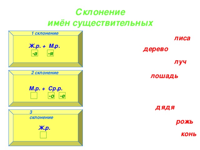 Склонение  имён существительных 1 склонение 1 склонение лиса Ж.р. + М.р.  дерево -а -я луч 2 склонение лошадь 2 склонение М.р. + Ср.р.  -е -о   дядя 3 склонение 3 склонение рожь Ж.р.  конь