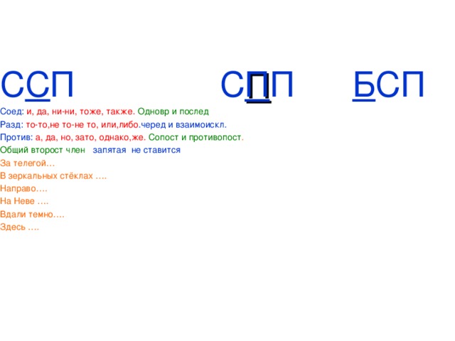 С С П С П П Б СП Соед: и, да, ни-ни, тоже, также. Одновр и послед Разд: то-то,не то-не то, или,либо .черед и взаимоискл. Против: а, да, но, зато, однако,же.  Сопост и противопост . Общий второст член  запятая не ставится За телегой… В зеркальных стёклах …. Направо…. На Неве …. Вдали темно…. Здесь ….