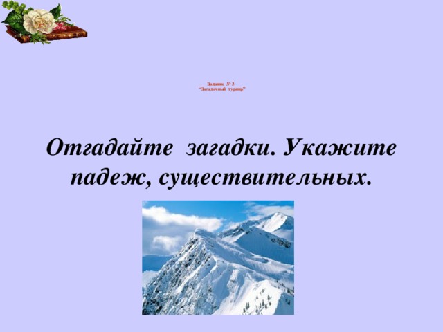 Задание № 3  “Загадочный турнир”           Отгадайте загадки. Укажите падеж, существительных.