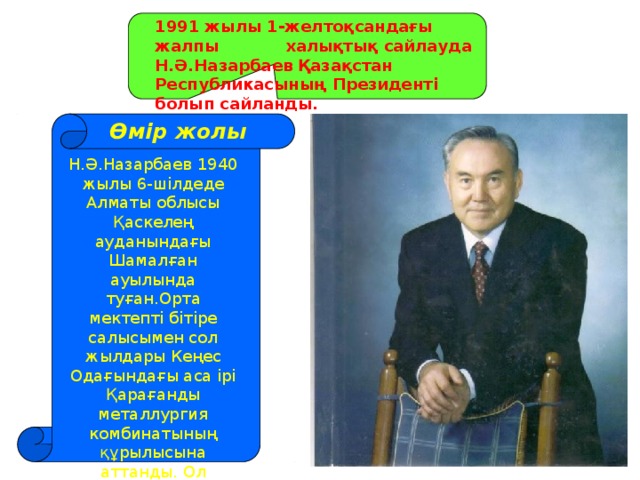 1991 жылы 1-желтоқсандағы жалпы халықтық сайлауда Н.Ә.Назарбаев Қазақстан Республикасының Президенті болып сайланды. Өмір жолы Н.Ә.Назарбаев 1940 жылы 6-шілдеде Алматы облысы Қаскелең ауданындағы Шамалған ауылында туған.Орта мектепті бітіре салысымен сол жылдары Кеңес Одағындағы аса ірі Қарағанды металлургия комбинатының құрылысына аттанды. Ол Қазақстан Үкіметін басқарғанда 44 жаста еді.