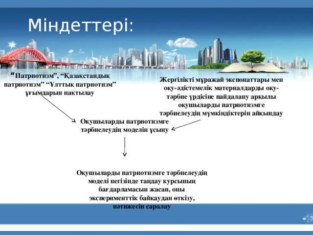 Міндеттері: “ Патриотизм”, “Қазақстандық патриотизм” “Ұлттық патриотизм” ұғымдарын нақтылау Жергілікті мұражай экспонаттары мен оқу-әдістемелік материалдарды оқу-тәрбие үрдісіне пайдалану арқылы оқушыларды патриотизмге тәрбиелеудің мүмкіндіктерін айқындау Оқушыларды патриотизмге тәрбиелеудің моделін ұсыну Оқушыларды патриотизмге тәрбиелеудің моделі негізінде таңдау курсының бағдарламасын жасап, оны эксперименттік байқаудан өткізу, нәтижесін саралау