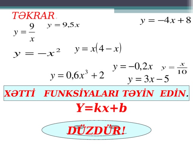 TƏKRAR . XƏTTİ FUNKSİYALARI TƏYİN EDİN . Y=kx+b DÜZDÜR!