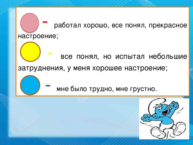 - - работал хорошо, все понял, прекрасное настроение;   - - все понял, но испытал небольшие затруднения, у меня хорошее настроение;  - мне было трудно, мне грустно.