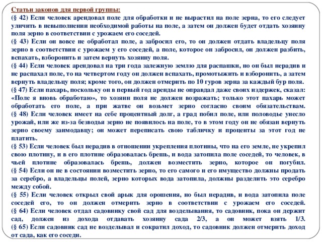 Что составляло основу хозяйства Вавилона, судя по этим законам? Какой труд поощряли законы? Предположите каким было отношение в Вавилоне к частной собственности? Чьи интересы защищает закон? Почему царь защищает земледельцев, пострадавших от нерадивости соседа? Предположите, почему царь был заинтересован в благополучии населения страны? Допустим, вы собственник земли, какие статьи закона защищают ваши права на землю?