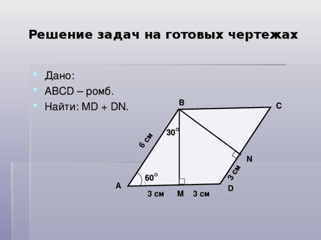 6 см 3 см Решение задач на готовых чертежах Дано: АВС D – ромб. Найти: MD + DN . B C 30 N 60 A D М 3 см 3 см