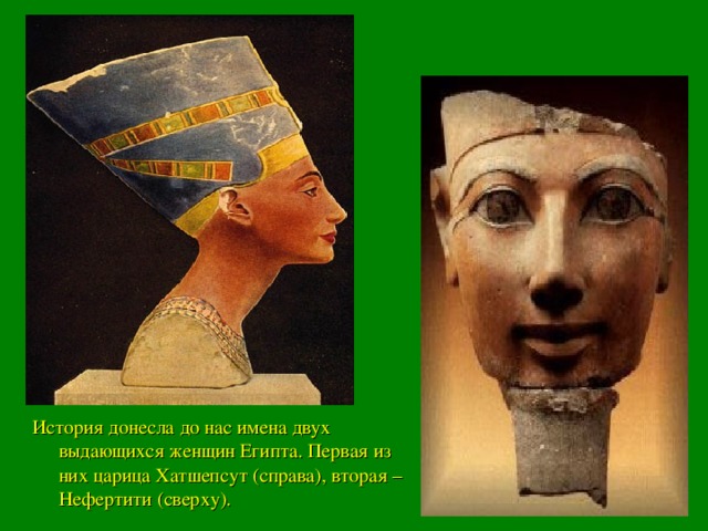 История донесла до нас имена двух выдающихся женщин Египта. Первая из них царица Хатшепсут (справа), вторая – Нефертити (сверху).