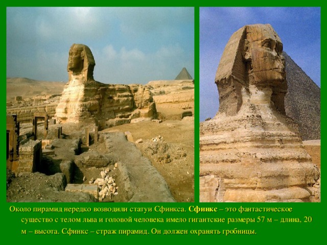 Около пирамид нередко возводили статуи Сфинкса. Сфинкс – это фантастическое существо с телом льва и головой человека имело гигантские размеры 57 м – длина, 20 м – высота. Сфинкс – страж пирамид. Он должен охранять гробницы.