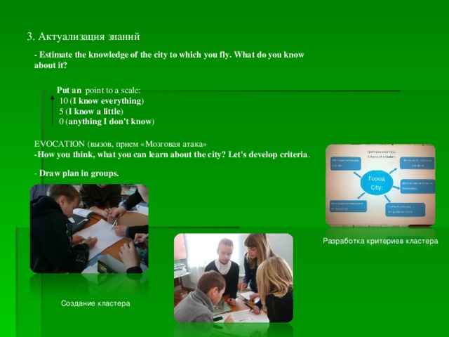 3. Актуализация знаний - Estimate the knowledge of the city to which you fly. What do you know about it?  Put an  point  to a scale:  10 ( I know everything )  5 ( I know a little )  0 ( anything I don't know ) EVOCATION (вызов, прием «Мозговая атака» -How you think, what you can learn about the city? Let's develop criteria . - Draw  plan in groups.  Разработка критериев кластера Создание кластера