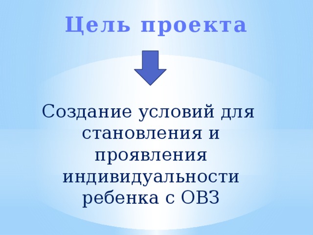 Цель проекта   Создание условий для становления и проявления индивидуальности ребенка с ОВЗ