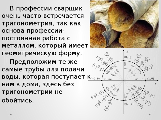 В профессии сварщик очень часто встречается тригонометрия, так как основа профессии- постоянная работа с металлом, который имеет геометрическую форму.  Предположим те же самые трубы для подачи воды, которая поступает к нам в дома, здесь без тригонометрии не обойтись.