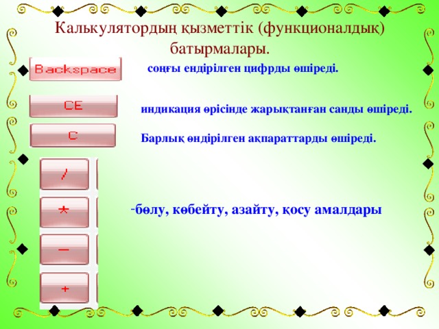 Калькулятордың қызметтік (функционалдық) батырмалары. соңғы ендірілген цифрды өшіреді. индикация өрісінде жарықтанған санды өшіреді.  Барлық өндірілген ақпараттарды өшіреді.