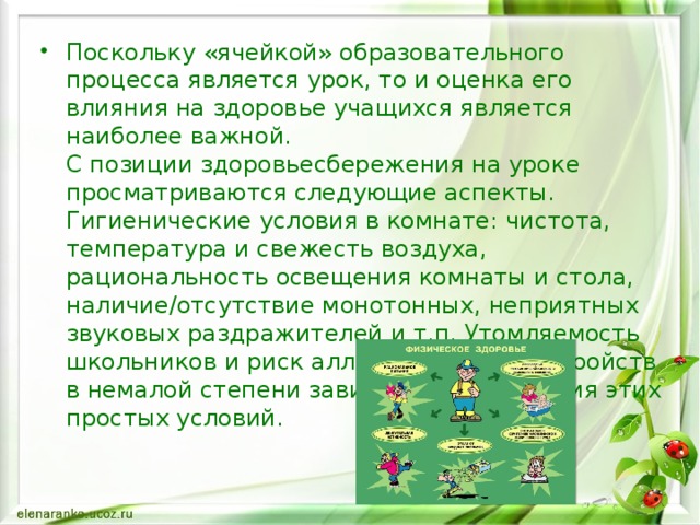 Поскольку «ячейкой» образовательного процесса является урок, то и оценка его влияния на здоровье учащихся является наиболее важной.  С позиции здоровьесбережения на уроке просматриваются следующие аспекты.  Гигиенические условия в комнате: чистота, температура и свежесть воздуха, рациональность освещения комнаты и стола, наличие/отсутствие монотонных, неприятных звуковых раздражителей и т.п. Утомляемость школьников и риск аллергических расстройств в немалой степени зависят от соблюдения этих простых условий.