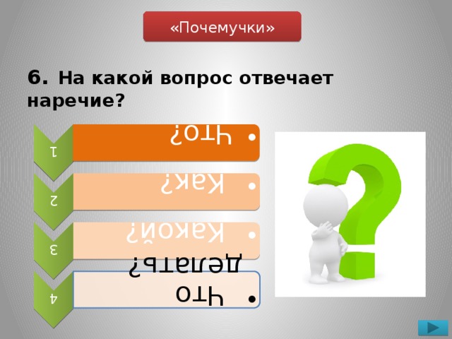 1  Что?  Что? 2  Как?  Как? 3  Какой?  Какой? 4  Что делать?  Что делать? «Почемучки» 6.  На какой вопрос отвечает наречие?