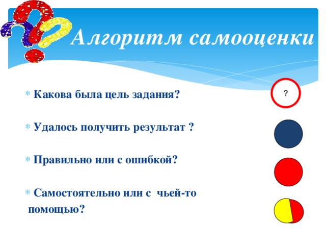 Алгоритм самооценки ? Какова была цель задания?  Удалось получить результат ?  Правильно или с ошибкой?  Самостоятельно или с чьей-то  помощью?