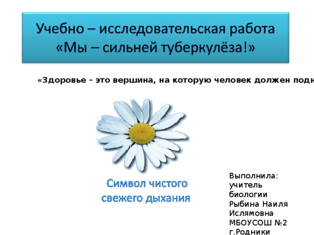 «Здоровье – это вершина, на которую человек должен подняться сам.» Выполнила:  учитель биологии  Рыбина Наиля Ислямовна  МБОУСОШ №2  г.Родники