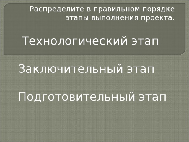 Распределите в правильном порядке этапы выполнения проекта.  Технологический этап Заключительный этап Подготовительный этап