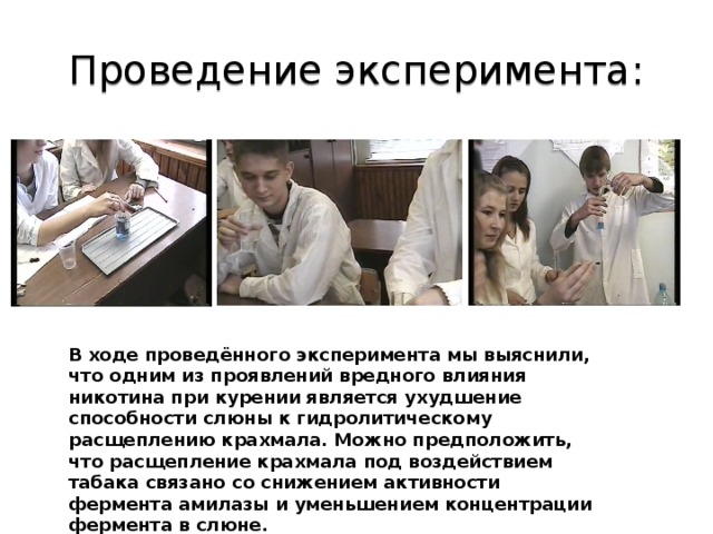Проведение эксперимента: В ходе проведённого эксперимента мы выяснили, что одним из проявлений вредного влияния никотина при курении является ухудшение способности слюны к гидролитическому расщеплению крахмала. Можно предположить, что расщепление крахмала под воздействием табака связано со снижением активности фермента амилазы и уменьшением концентрации фермента в слюне.