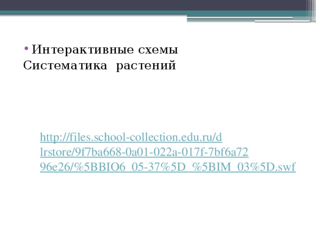 Интерактивные схемы Систематика растений http://files.school-collection.edu.ru/dlrstore/9f7ba668-0a01-022a-017f-7bf6a7296e26/%5BBIO6_05-37%5D_%5BIM_03%5D.swf