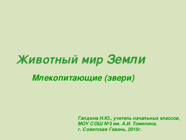 Животный мир Земли  Млекопитающие (звери) Галдина Н.Ю., учитель начальных классов, МОУ СОШ №3 им. А.И. Томилина, г. Советская Гавань, 2015г.