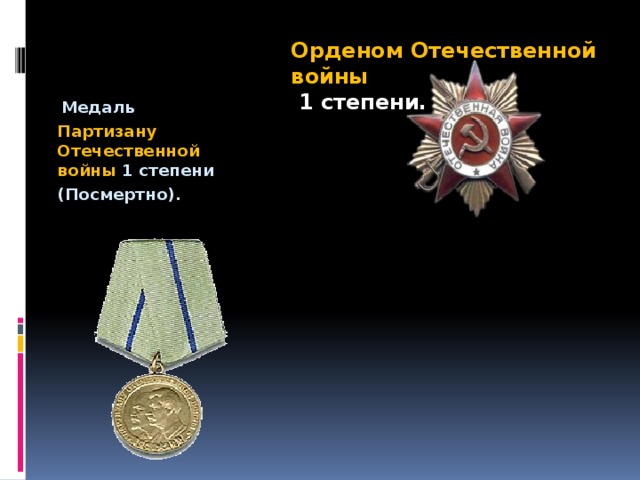 Орденом Отечественной войны  1 степени.  Медаль Партизану Отечественной войны 1 степени (Посмертно).