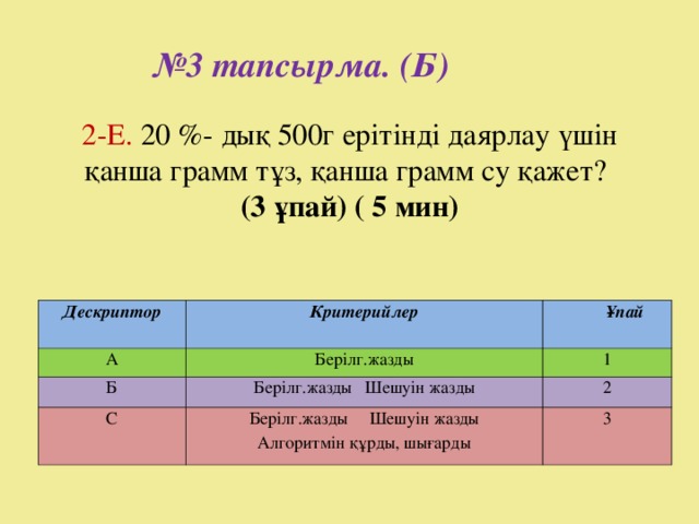 № 3 тапсырма. (Б)   2-Е. 20 %- дық 500г ерітінді даярлау үшін қанша грамм тұз, қанша грамм су қажет?  (3 ұпай) ( 5 мин)   Дескриптор  А Критерийлер Ұпай Берілг.жазды Б 1 С Берілг.жазды Шешуін жазды 2 Берілг.жазды Шешуін жазды Алгоритмін құрды, шығарды 3