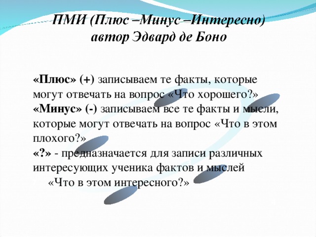 «Плюс»  (+) записываем те факты, которые могут отвечать на вопрос «Что хорошего?» «Минус» (-) записываем все те факты и мысли, которые могут отвечать на вопрос «Что в этом плохого?» «?» - предназначается для записи различных интересующих ученика фактов и мыслей  «Что в этом интересного?» 1 2 6  3 7 5 4