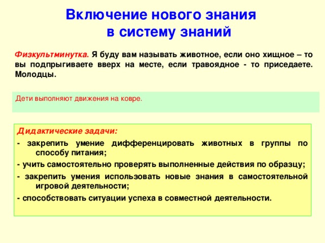 Включение нового знания  в систему знаний Физкультминутка . Я буду вам называть животное, если оно хищное – то вы подпрыгиваете вверх на месте, если травоядное - то приседаете. Молодцы.  Дети выполняют движения на ковре. Дидактические задачи: - закрепить умение дифференцировать животных в группы по способу питания; - учить самостоятельно проверять выполненные действия по образцу; - закрепить умения использовать новые знания в самостоятельной игровой деятельности; - способствовать ситуации успеха в совместной деятельности.