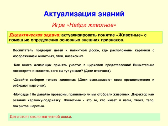 Актуализация знаний Игра «Найди животное» Дидактическая задача: актуализировать понятие «Животные» с помощью определения основных внешних признаков.  Воспитатель подводит детей к магнитной доске, где расположены картинки с изображением животных, птиц, насекомых. Как много желающих принять участие в цирковом представлении! Внимательно посмотрите и скажите, кого вы тут узнали? (Дети отвечают). Давайте выберем только животных (Дети высказывают свои предположения и отбирают карточки). Молодцы! Но давайте проверим, правильно ли мы отобрали животных. Директор нам оставил карточку-подсказку. Животные - это те, кто имеет 4 лапы, хвост , тело, покрытое шерстью. Дети стоят около магнитной доски.