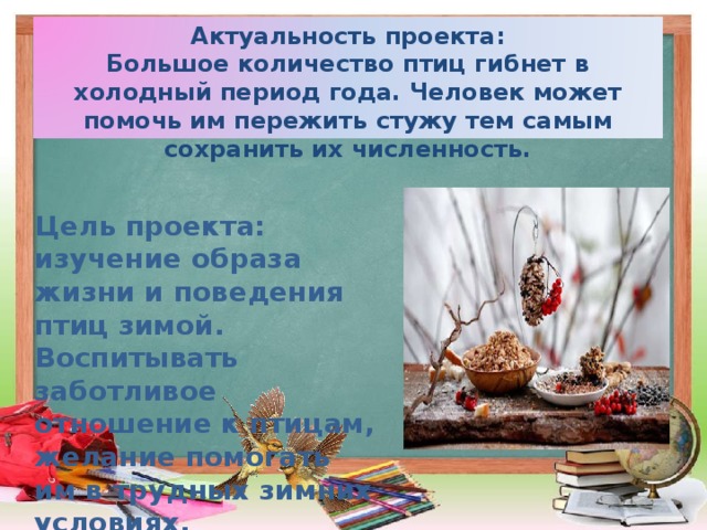 Актуальность проекта: Большое количество птиц гибнет в холодный период года. Человек может помочь им пережить стужу тем самым сохранить их численность. Цель проекта: изучение образа жизни и поведения птиц зимой. Воспитывать заботливое отношение к птицам, желание помогать им в трудных зимних условиях.