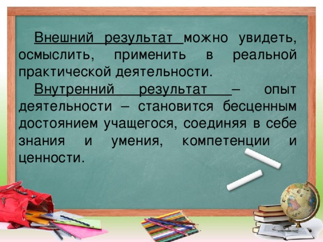 Внешний результат можно увидеть, осмыслить, применить в реальной практической деятельности. Внутренний результат – опыт деятельности – становится бесценным достоянием учащегося, соединяя в себе знания и умения, компетенции и ценности.