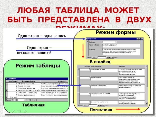 ЛЮБАЯ ТАБЛИЦА МОЖЕТ БЫТЬ ПРЕДСТАВЛЕНА В ДВУХ РЕЖИМАХ: В режиме таблицы, предназначенном для ввода данных, их просмотра и редактирования. В режиме конструктора , предназначенном для создания структуры таблицы, изменения типа данных, изменения структуры таблицы (добавления и удаления полей).