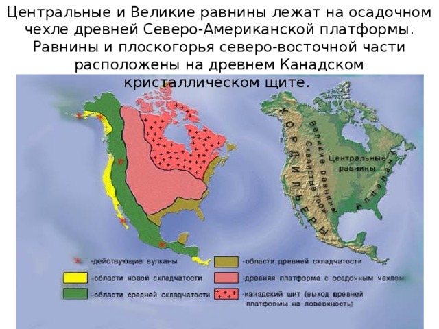 Центральные и Великие равнины лежат на осадочном чехле древней Северо-Американской платформы. Равнины и плоскогорья северо-восточной части расположены на древнем Канадском кристаллическом щите.
