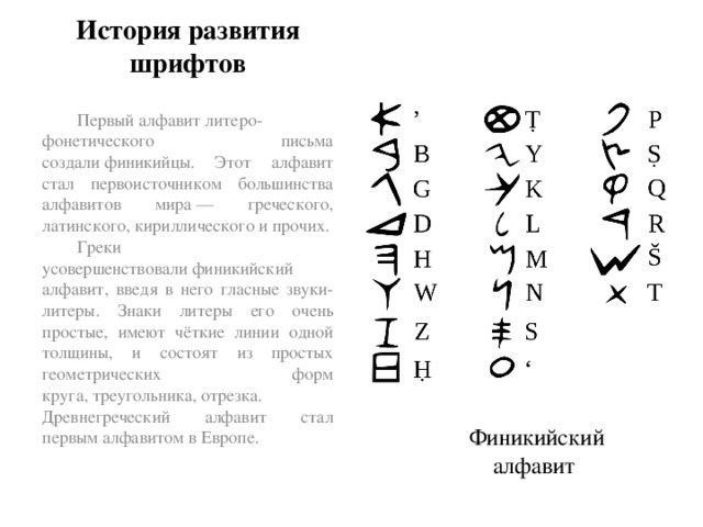 История развития шрифтов Первый алфавит литеро-фонетического письма создали финикийцы. Этот алфавит стал первоисточником большинства алфавитов мира — греческого, латинского, кириллического и прочих. Греки усовершенствовали финикийский алфавит, введя в него гласные звуки-литеры. Знаки литеры его очень простые, имеют чёткие линии одной толщины, и состоят из простых геометрических форм круга, треугольника, отрезка. Древнегреческий алфавит стал первым алфавитом в Европе. Финикийский алфавит