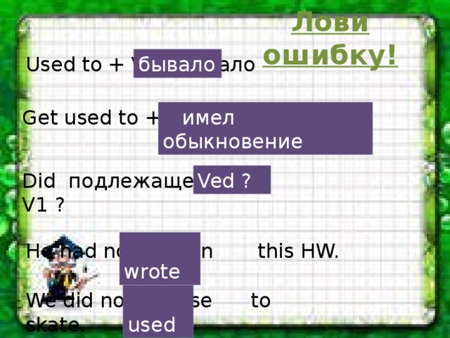 Лови ошибку! бывало Used to + V - бывало Get used to + V – привык   имел обыкновение Did подлежащее + V1 ? Ved ?   wrote He had not written this HW. We did not use to skate.  used