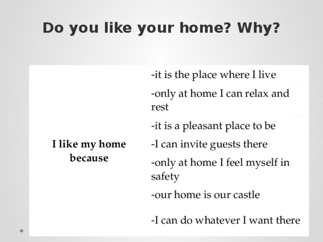 Do you like your home? Why? I like my home because -it is the place where I live -only at home I can relax and rest -it is a pleasant place to be -I can invite guests there -only at home I feel myself in safety -our home is our castle -I can do whatever I want there