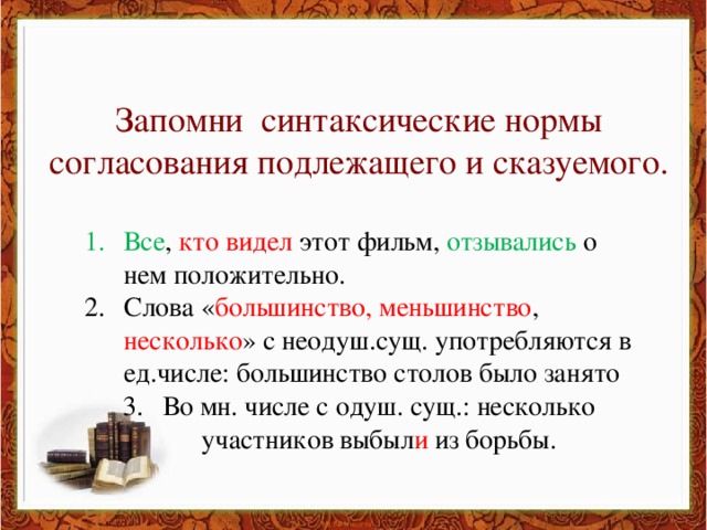 Запомни синтаксические нормы согласования подлежащего и сказуемого.