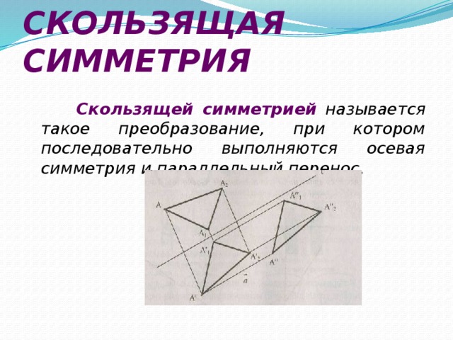 СКОЛЬЗЯЩАЯ СИММЕТРИЯ   Скользящей симметрией называется такое преобразование, при котором последовательно выполняются осевая симметрия и параллельный перенос.