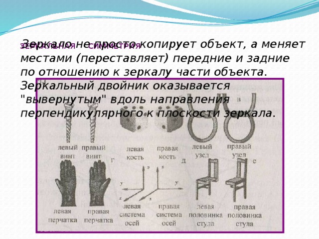 ЗЕРКАЛЬНАЯ СИММЕТРИЯ    Зеркало не просто копирует объект, а меняет местами (переставляет) передние и задние по отношению к зеркалу части объекта. Зеркальный двойник оказывается 