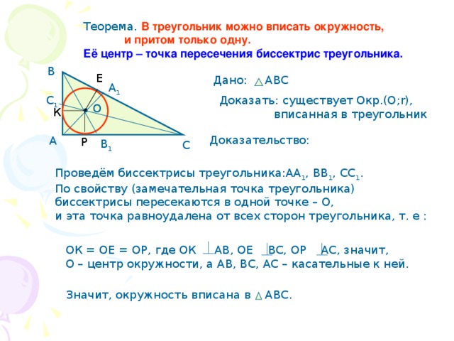 Теорема. В треугольник можно вписать окружность,  и притом только одну. Её центр – точка пересечения биссектрис треугольника. В Е Дано: АВС А 1 С 1 Доказать: существует Окр.(О;r),  вписанная в треугольник О К Доказательство: А Р В 1 С Проведём биссектрисы треугольника:АА 1 , ВВ 1 , СС 1 . По свойству (замечательная точка треугольника) биссектрисы пересекаются в одной точке – О, и эта точка равноудалена от всех сторон треугольника, т. е : ОК = ОЕ = ОР, где ОК АВ, ОЕ ВС, ОР АС, значит, О – центр окружности, а АВ, ВС, АС – касательные к ней. Значит, окружность вписана в АВС.