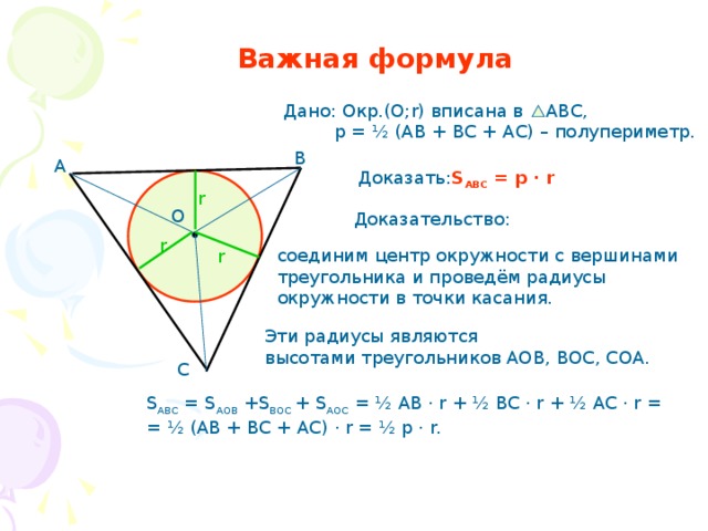 Важная формула Дано: Окр.(О;r) вписана в АВС,  р = ½ (АВ + ВС + АС) – полупериметр. В А Доказать: S ABC = p · r r О Доказательство: r соединим центр окружности с вершинами треугольника и проведём радиусы окружности в точки касания. r Эти радиусы являются высотами треугольников АОВ, ВОС, СОА. С S ABC = S AOB +S BOC + S AOC = ½ AB · r + ½ BC · r + ½ AC · r = = ½ (AB + BC + AC) · r = ½ p · r.