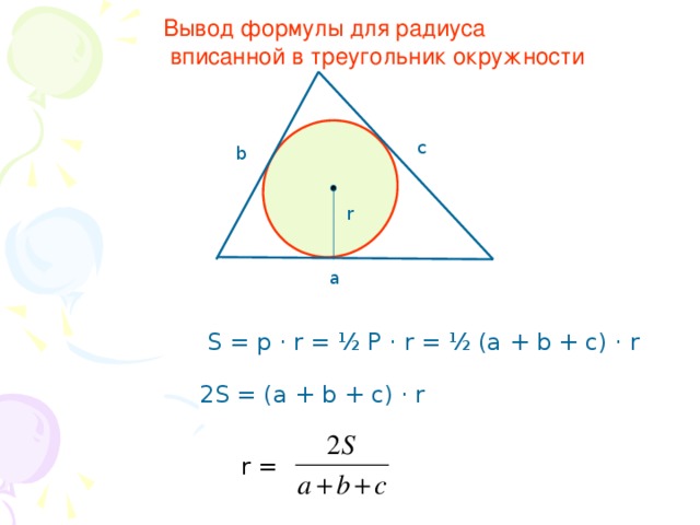 Вывод формулы для радиуса  вписанной в треугольник окружности c b r a S = p · r = ½ P · r = ½ (a + b + c) · r 2S = (a + b + c) · r r =