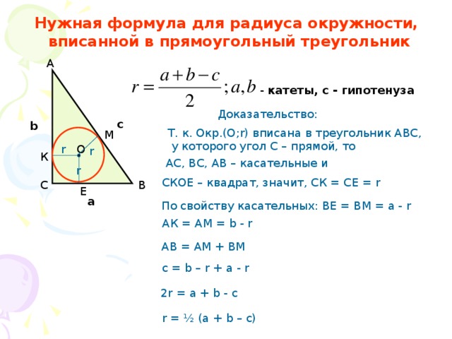 Нужная формула для радиуса окружности,  вписанной в прямоугольный треугольник А  - катеты, с - гипотенуза Доказательство: c b Т. к. Окр.(О;r) вписана в треугольник АВС,  у которого угол С – прямой, то М r О r К АС, ВС, АВ – касательные и r СКОЕ – квадрат, значит, СК = СЕ = r В С Е a По свойству касательных: ВЕ = ВМ = а - r АК = АМ = b - r  AB = AM + BM c = b – r + a - r 2r = a + b - c r = ½ (a + b – c)