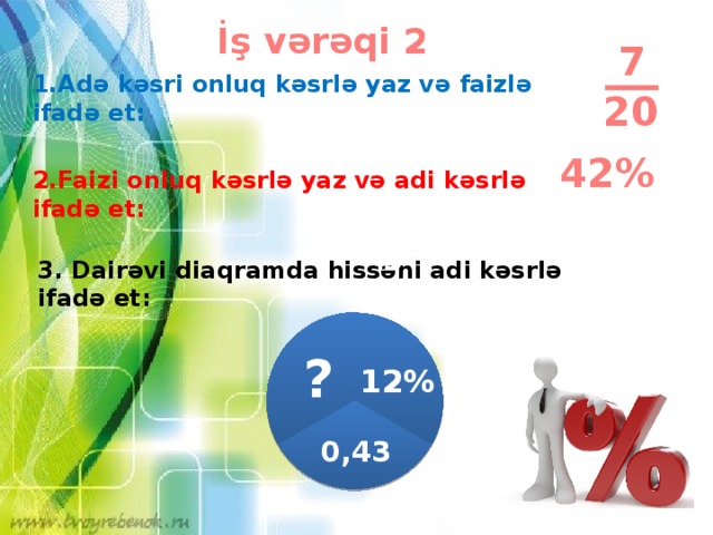 İş vərəqi 2 __ 7 1.Adə kəsri onluq kəsrlə yaz və faizlə ifadə et: 20 42% 2.Faizi onluq kəsrlə yaz və adi kəsrlə ifadə et: 4/25 3. Dairəvi diaqramda hissəni adi kəsrlə ifadə et: ? 12% 0,43