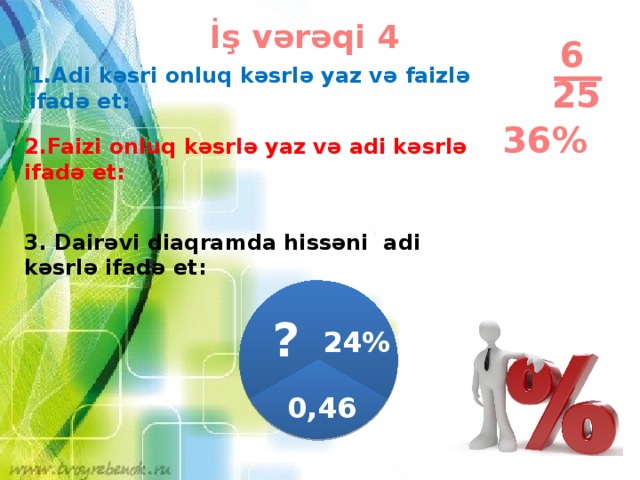 İş vərəqi 4 __ 6 1.Adi kəsri onluq kəsrlə yaz və faizlə ifadə et: 25 36% 2.Faizi onluq kəsrlə yaz və adi kəsrlə ifadə et: 3. Dairəvi diaqramda hissəni adi kəsrlə ifadə et: ? 24% 0,46