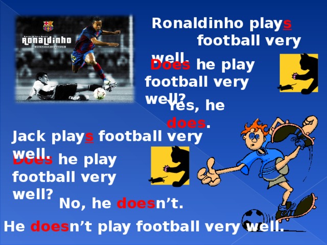 Ronaldinho play s   football very well.  Does he play football very well? Yes, he does . Jack play s football very well. Does he play football very well? No, he does n’t. He does n’t play football very well.